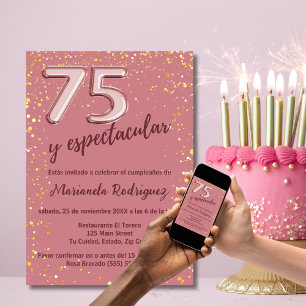 Invitación Elegante Rosa de Oro Preciosa Cumpleaños 75 Españo