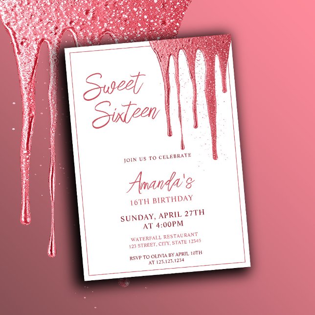 Invitación Elegante Rosa de oro Purpurina Drip Sweet 16 Cumpl (Subido por el creador)