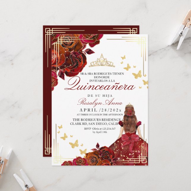 Invitación Elegante Rosa de Oro Rojo Princesa Quinceañera (Anverso/Reverso In Situ)