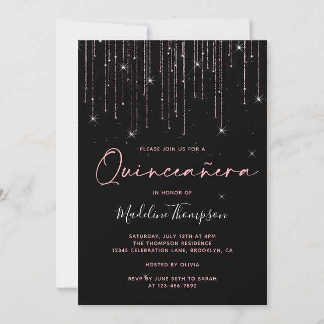 Invitación Elegante Rosa de oro Sparkling Quinceanera (Anverso)