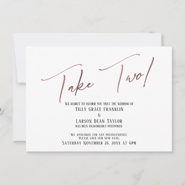 Invitación Elegante Rosa de oro toma dos Bodas pospuestos (Anverso)