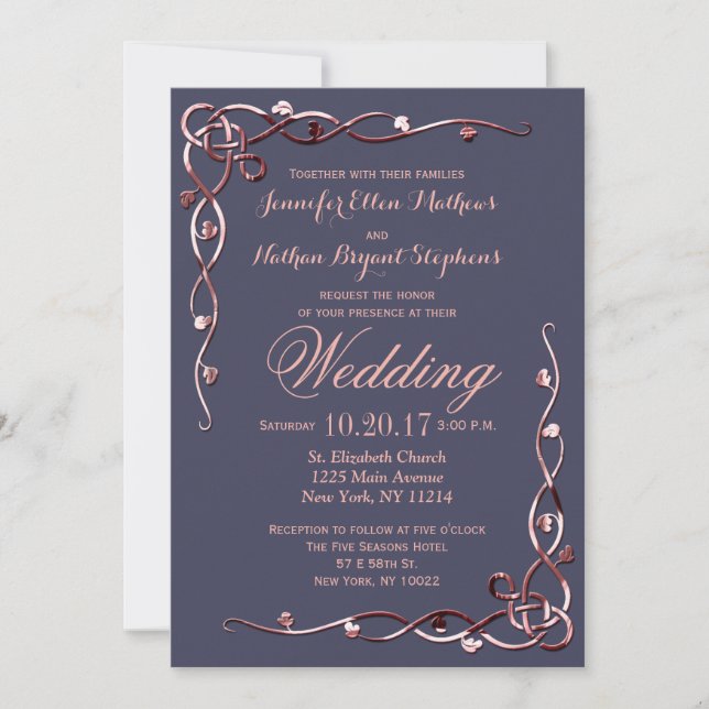 Invitación Elegante Rosa de oro vuela en azul marino (Anverso)