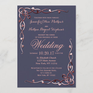 Invitación Elegante Rosa de oro vuela en azul marino