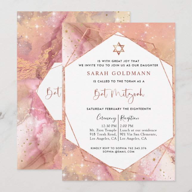 Invitación Elegante Rosa de oro y bate celeste rosa Mitzvah (Anverso / Reverso)