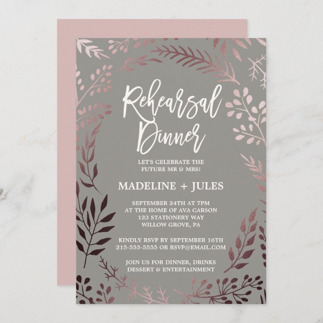 Invitación Elegante Rosa de oro y cena de ensayo gris (Anverso / Reverso)