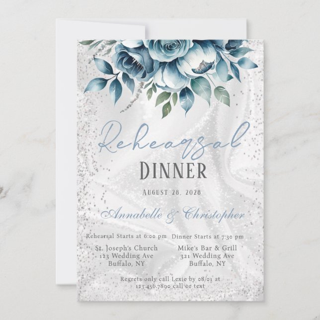 Invitación Elegante Rosa de Plata Azul Dusty Cena (Anverso)