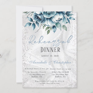 Invitación Elegante Rosa de Plata Azul Dusty Cena