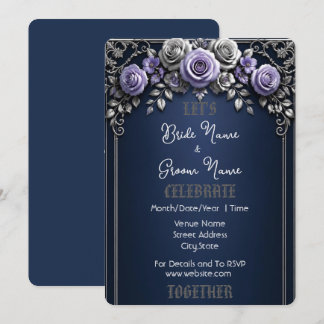 Invitación Elegante Rosa de Plata Azul Medianoche
