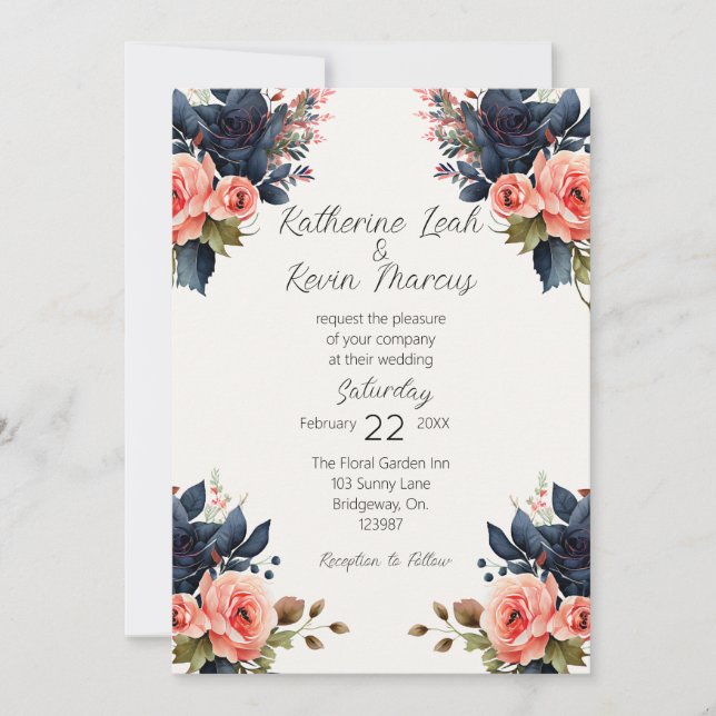 Invitación Elegante Rosa de polvo azul de la marina Floral ac (Anverso)