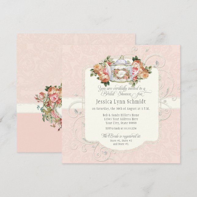Invitación Elegante Rosa de Rubor con ducha de novia floral  (Anverso / Reverso)