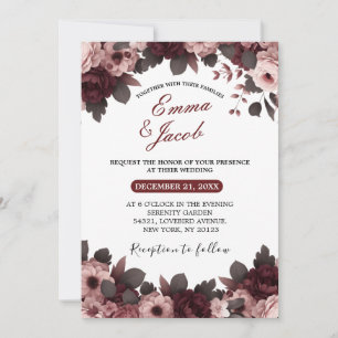 Invitación Elegante Rosa de Rubor Rosa Borgoña Boho Boda