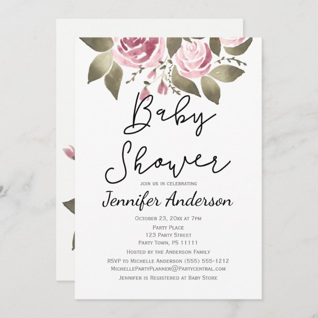 Invitación Elegante Rosa de Vino Floral Baby Shower (Anverso / Reverso)