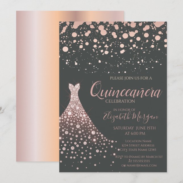 Invitación Elegante Rosa Diamantes de Oro Vestido Quinceañera (Anverso / Reverso)