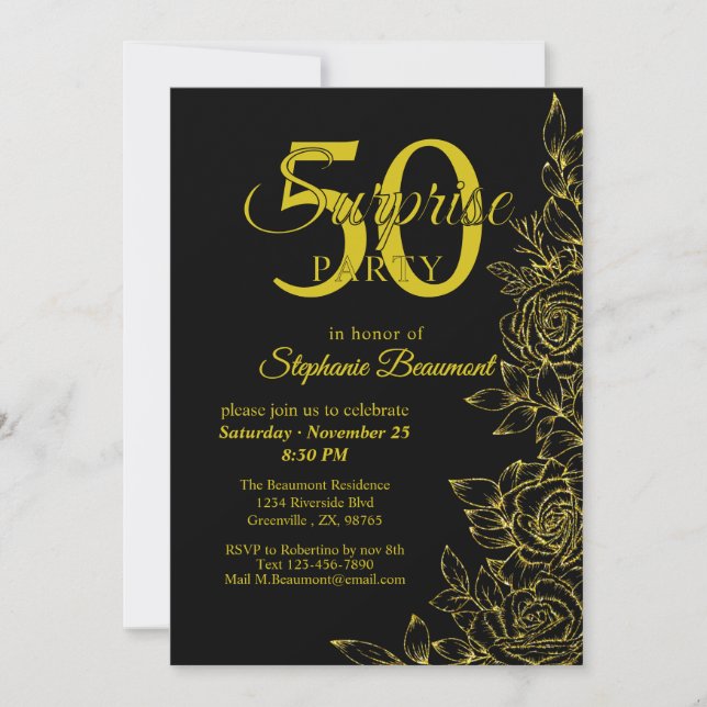 Invitación Elegante Rosa dorada de mujeres flor 50 cumpleaños (Anverso)