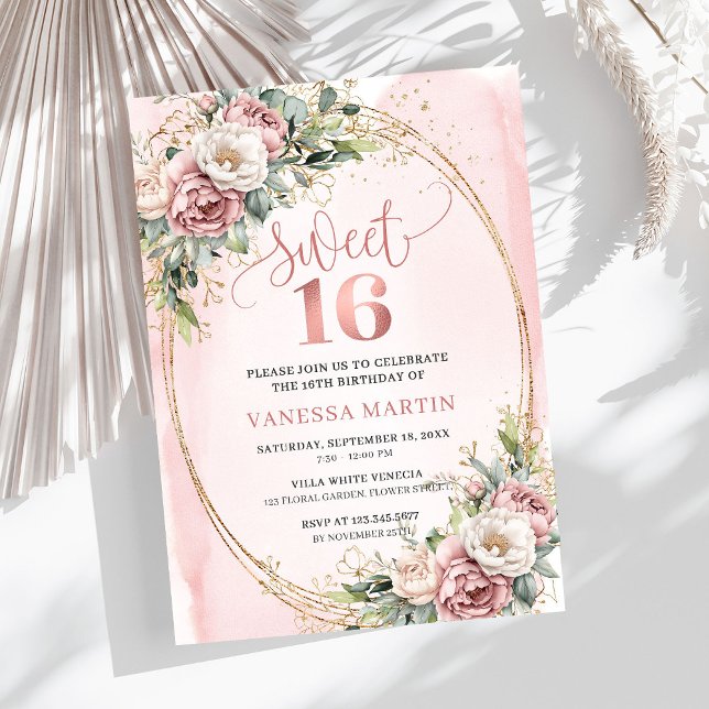 Invitación Elegante Rosa Dorada Floral Eucalipto C (Elegant Rose Gold Floral Eucalyptus Sweet 16 Invite)