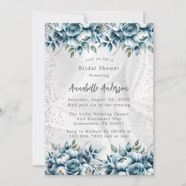Invitación Elegante Rosa dorado azul turquesa ducha de novia (Anverso)
