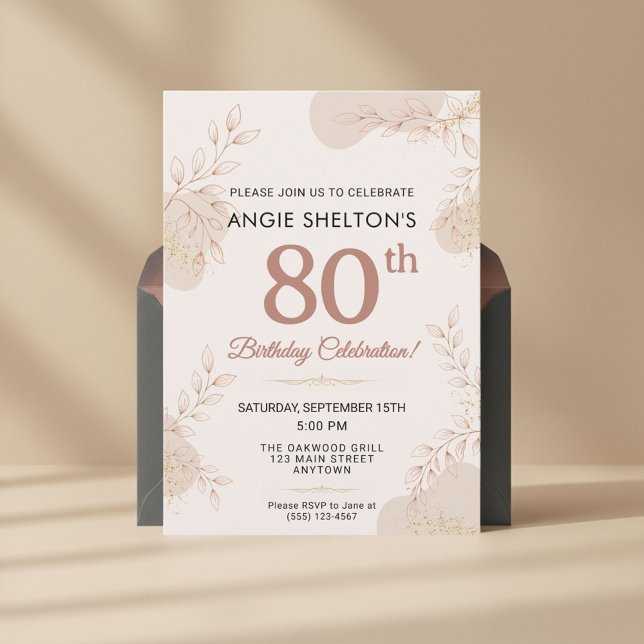 Invitación Elegante Rosa Dorado Botánico Cumpleaños 80 (Subido por el creador)