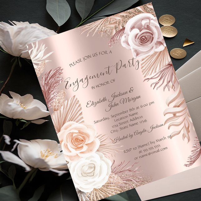 Invitación Elegante Rosa Dorado Brillo Boho Flores Compromiso (Subido por el creador)