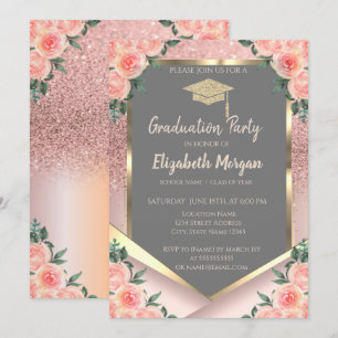 Invitación Elegante Rosa Dorado Brillo Floral Graduación
