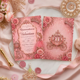 Invitación Elegante Rosa Dorado Brillo Princesa Quinceañera