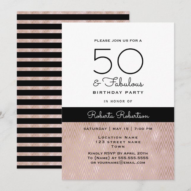 Invitación Elegante Rosa Dorado Cumpleaños 50 (Anverso / Reverso)