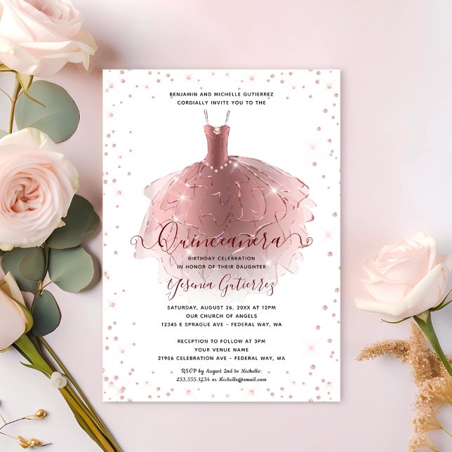 Invitación Elegante Rosa Dorado Diamante Vestido Quinceañera (Elegant Rose Gold Diamond Quinceañera Dress Invitation)