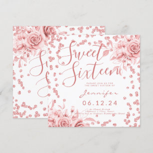 Invitación Elegante Rosa Dorado Dulce 16 Purpurina Confetti F