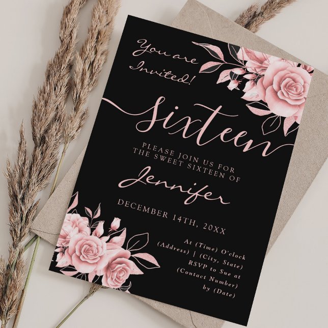 Invitación Elegante Rosa Dorado Dulce 16 Purpurina Floral Neg (Elegant Rose Gold Sweet 16 Glitter Floral Black Invitation)