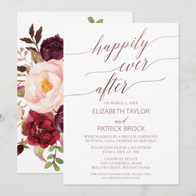Invitación Elegante Rosa Dorado Floral Atrás Elopement (Anverso / Reverso)