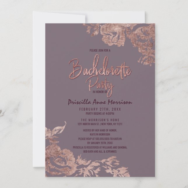 Invitación Elegante Rosa Dorado Floral Morado Mauve Bachelore (Anverso)