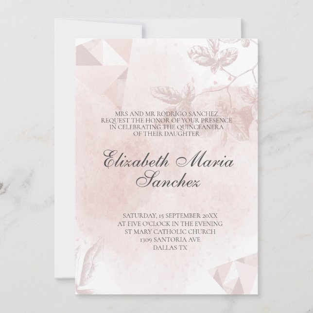 Invitación Elegante Rosa Dorado Floral Rosa Quinceañera (Anverso)