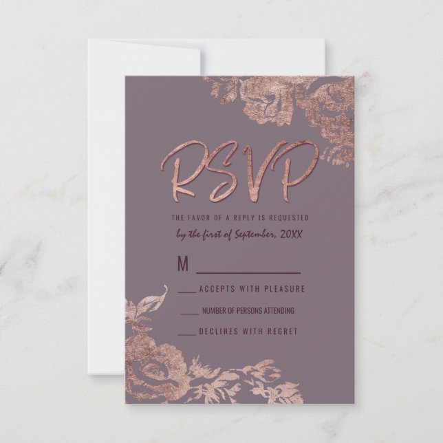 Invitación Elegante Rosa Dorado Floral RSVP Malva (Anverso)