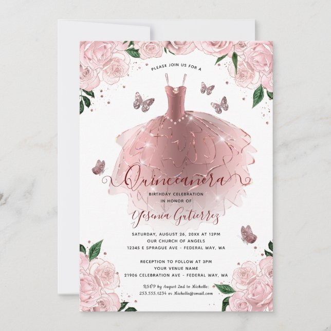 Invitación Elegante Rosa Dorado FloralVestido Quinceañera (Anverso)