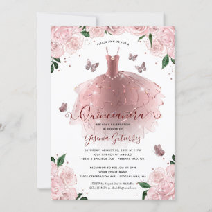 Invitación Elegante Rosa Dorado FloralVestido Quinceañera