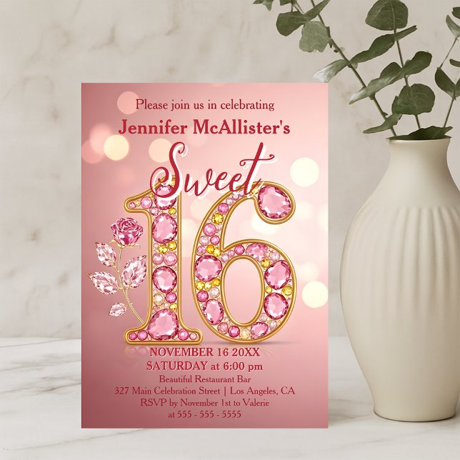 Invitación Elegante Rosa Dorado Gemstone Sweet 16 Cumpleaños (Subido por el creador)