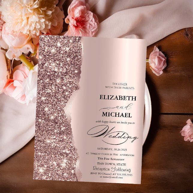 Invitación Elegante Rosa Dorado Glitter Script Boda  (Subido por el creador)