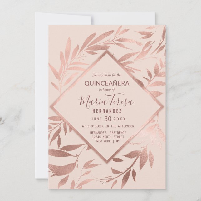 Invitación Elegante Rosa dorado hojas de flores rosadas Quinc (Anverso)