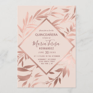 Invitación Elegante Rosa dorado hojas de flores rosadas Quinc