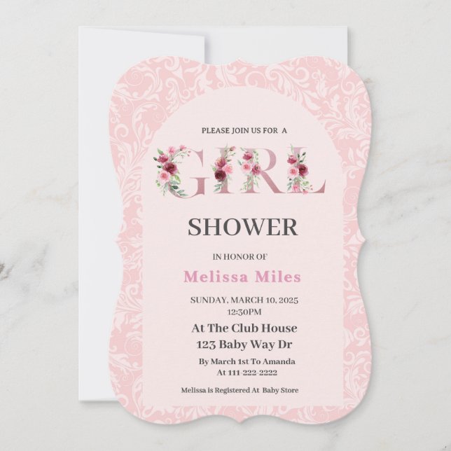 Invitación Elegante Rosa Dorado letras florales Chica Bebé du (Anverso)