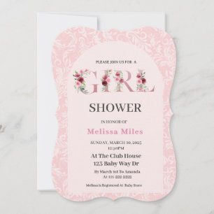 Invitación Elegante Rosa Dorado letras florales Chica Bebé du