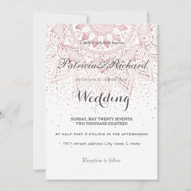 Invitación Elegante rosa dorado mandala confetti boda (Anverso)