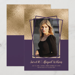 Invitación Elegante rosa dorado morado dulce dieciséis años