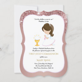 Invitación Elegante Rosa Dorado Primera Comunión de Niñas