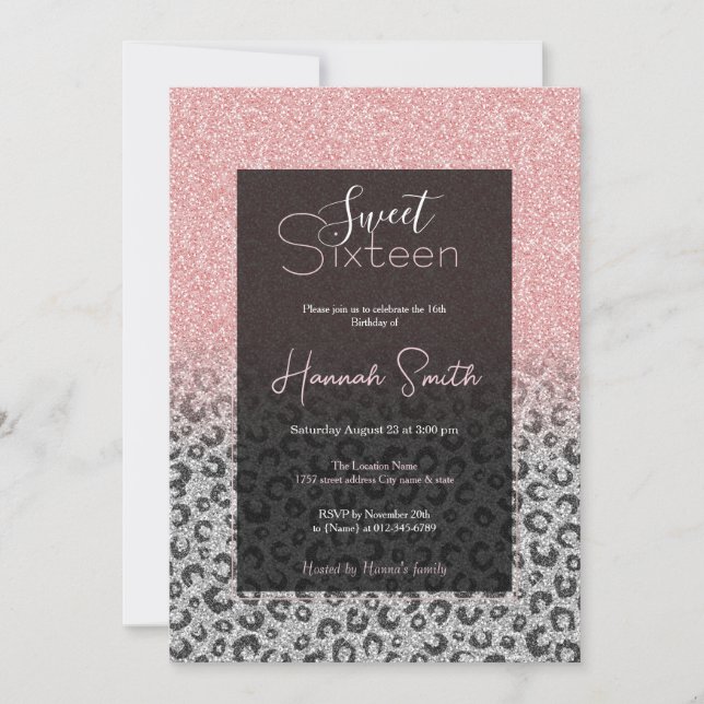 Invitación Elegante Rosa dorado Purpurina Leopardo Imprimir (Anverso)