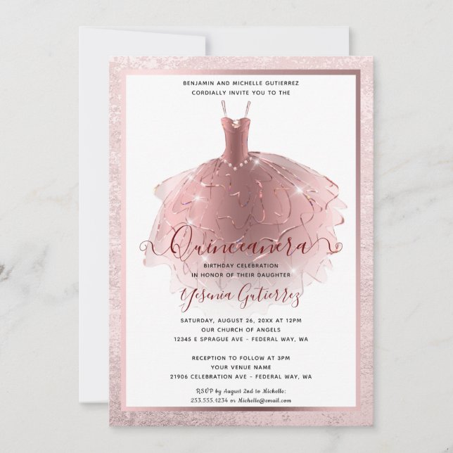 Invitación Elegante Rosa Dorado Vestido Quinceañera (Anverso)