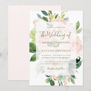Invitación Elegante Rosa Durazno Oro Floración Boda