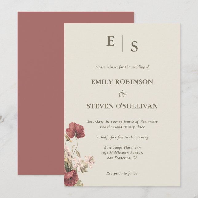 Invitación Elegante Rosa Dusty Floral Monogramado (Anverso / Reverso)