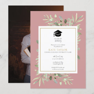 Invitación Elegante Rosa Dusty Greenery Photo Graduation Part