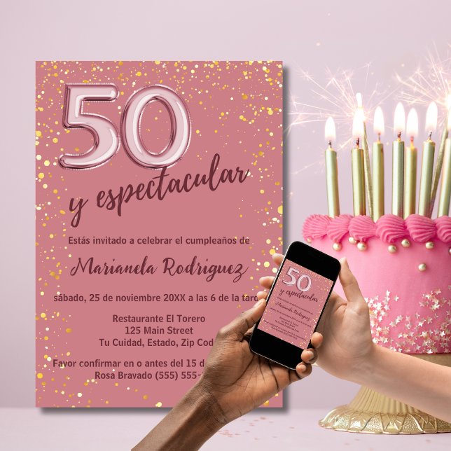 Invitación Elegante Rosa elegante Oro 50 cumpleaños Español (Subido por el creador)