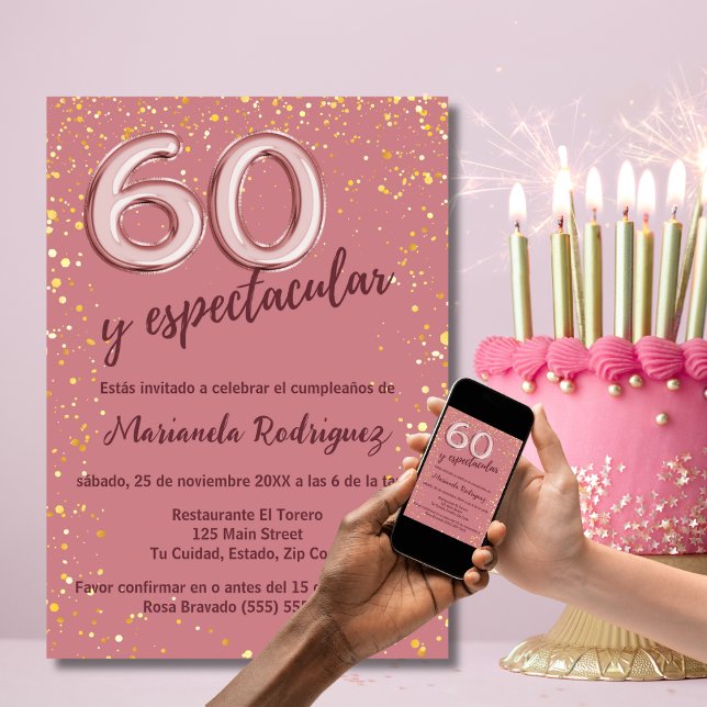 Invitación Elegante Rosa elegante Oro 60 cumpleaños Español (Subido por el creador)